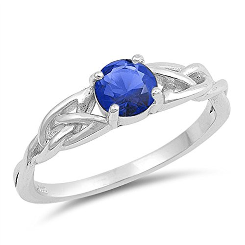 Blue Simulated Sapphire Solitaire Celtic Knot Ring .925 Sterling Silver Band Size 5