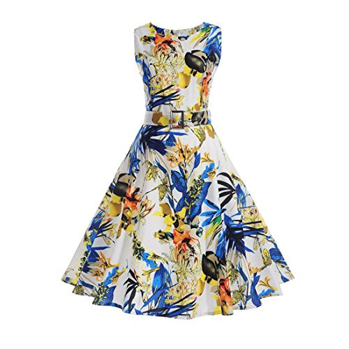 Women Vintage Printing Bodycon Sleeveless Halter Evening Party Prom Swing Dress White