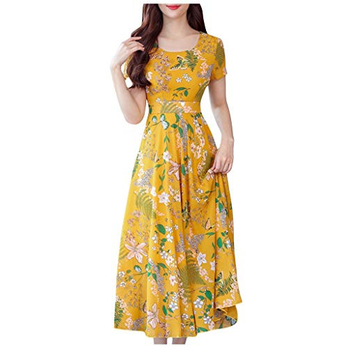 Lotus.Flower Women Fashion Summer Grace Mid-Calf Short Sleeve Beach Printing Dress Yellow