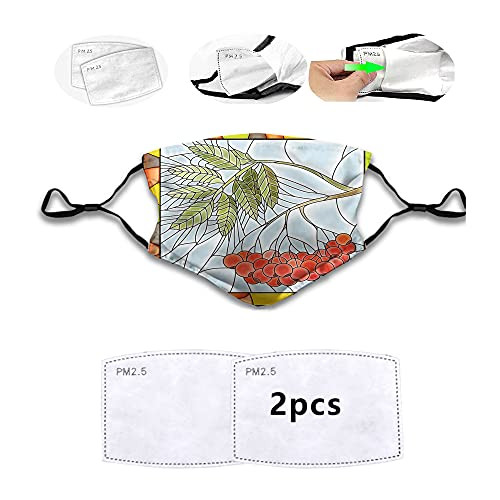 Fashion Rowan Branch Motif on a Stained Glass Frame Noel Season Berries Winter Theme Reusable Face Mask Balaclava Washable Outdoor Nose Mouth Cover for Unisex