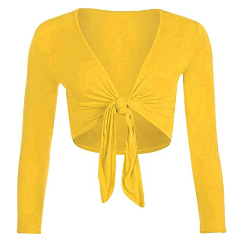 Rimi Hanger New Womens Long Sleeve Plain Front Tie Bolero Top Ladies Cropped Cardigan Shrug Yellow Small/Medium