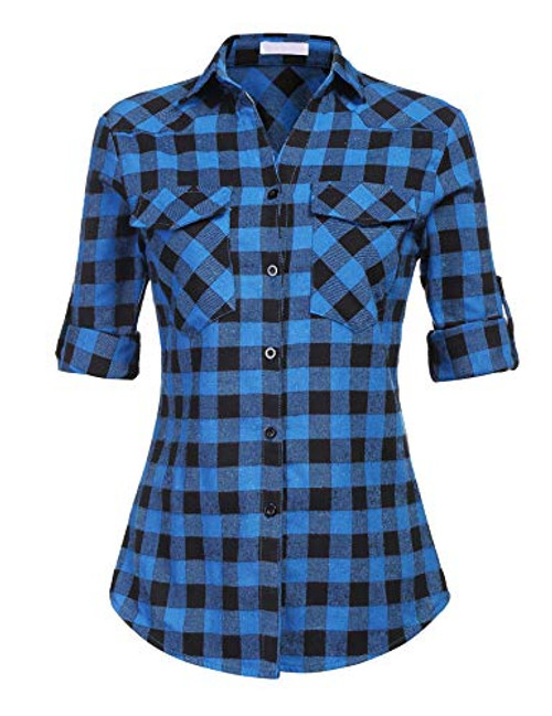 Hotouch Womens Flannel Plaid Shirt Button Down Long Sleeve Tops Collar Pocket Blouse Blue