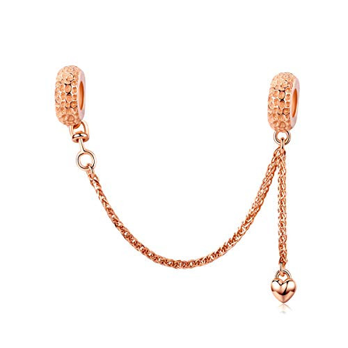 ARTCHARM Heart Safety Chain Charm 925 Sterling Silver Beads fit European Charms Bracelet  and  Necklace -Rose Gold Safety Chain-