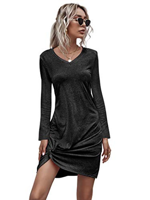 Radtengle Women Long Sleeve Knot Dress Summer Twist Knot Midi Dresses Casual V Neck T Shirt Dresses