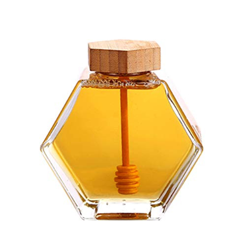 UPKOCH Honey Glass Jar Hexagon Shape Honey Pot Container Syrup Beehive Storage with Wooden Dipper and Cork For Home Kitchen 380ml