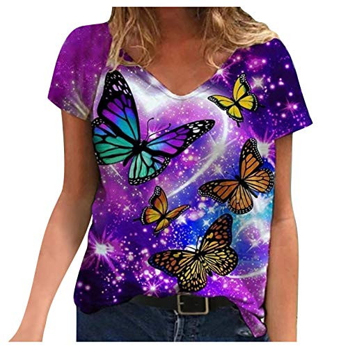 Summer V Neck Tshirt for Women Tie Dye Pattern Print Shirts Tops Casual Loose Fit Tee Womens Tshirts Loose Fit Womens Long Sleeve Tops Womens Business Casual Clothing Womens-1-Purple-XXL-