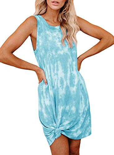 Aleumdr Women's Sleeveless T Shirt Dress Tie Dye Print Tank Mini Dress Loose Side Knot Beach Dress Green Small 4 6