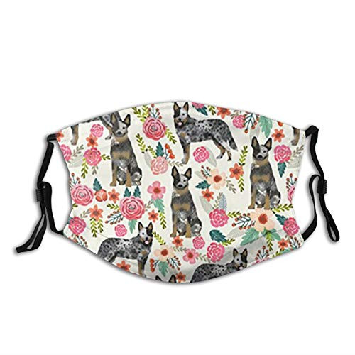Australian Cattle Dog Florals Face Mask With Filter Pocket Washable Reusable Face Bandanas Balaclava With 2 Pcs Filters