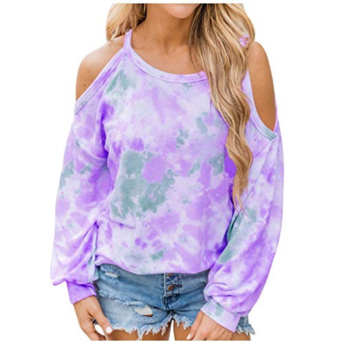 YAnGSale Top Womens Tie-Dye Shirt Comfy Casual Sweatshirt Hollow Shoulder Blouse Fashion Printed T-Shirt Long Sleeve Pullover -Purple- XXXL-