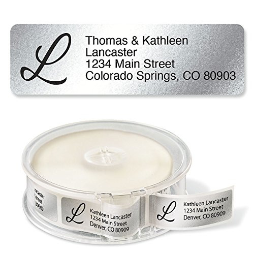 Silver Foil with Initial Standard Rolled Address Labels - Set of 500 2 1/2inch x 3/4inch rolled labels with clear acrylic dispenser