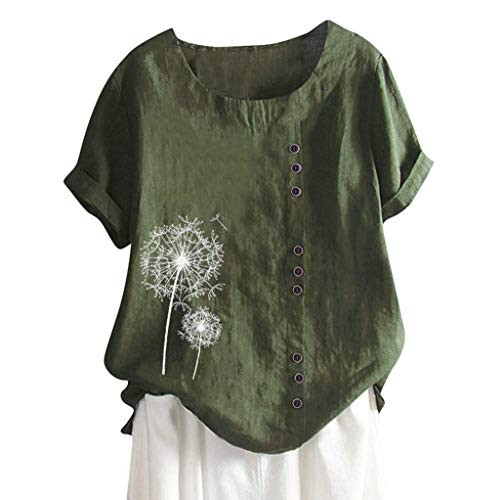 Women Casual Summer T-Shirt Linen Solid V-Neck Dandelion Print Short Sleeves Plus Size Top Blouse Green