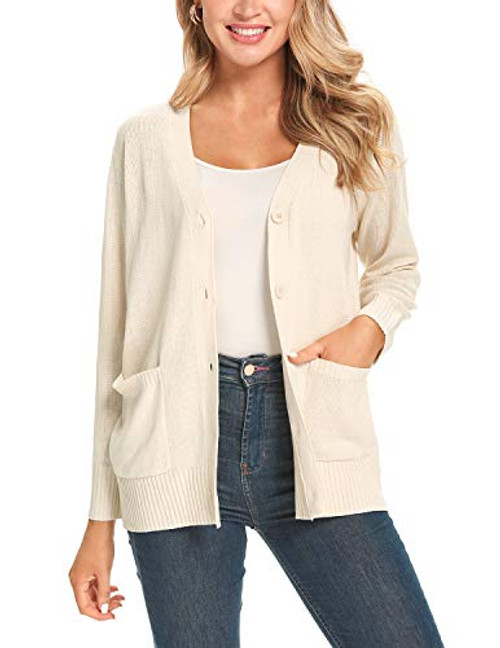 BROVAVE Women's Casual Fall Knit Cardigans Lightweight Buttons Down Open Front Sweaters L Rock White