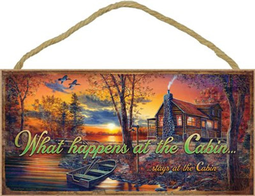 SJT ENTERPRISES, INC. What Happens at The Cabin Stays at The Cabin (Cabin with Boat) 5" x 10" Wood Plaque, Sign - Features The Artwork of JQ Licensing (SJT21531)