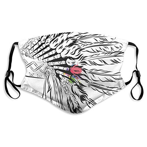 Native American Headdress in Sketch Style with Color Splashes Primitive-Mouth Cover for Women-Face Mask Reusable Washable Cloth for Men