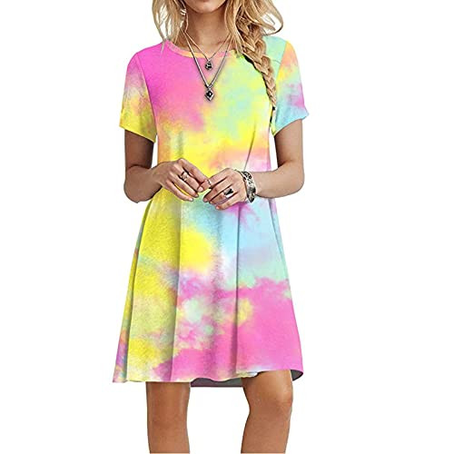 Ranoff Dress for Women Short Sleeve Sundress O Neck Skirt Tie Dye Graphic Tunic Skirt Loose Casual T Shirt Mini Swing Dresses -Pink- S-