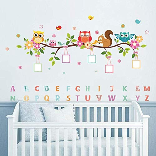 HENDUO Animal Alphabet ABC Wall Decals Owl Branch Letters Wall Stickers Baby Nursery Kids Bedroom Classroom Wall Decor-W- 45 Inches-