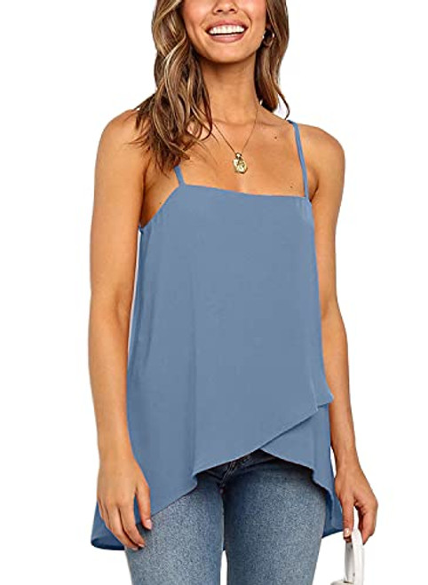 PEKONIVA Women's Chiffon Cami Tank Top Solid Spaghetti Strap Ruffle Hem Sleeveless Shirt Summer Loose Tunic Tops for Legging Blue-XL PEKONIVA Women's Chiffon Cami Tank Top Solid Spaghetti Strap Ruffle Hem Sleeveless Shirt Summer Loose Tunic Tops for Legging Blue-XL