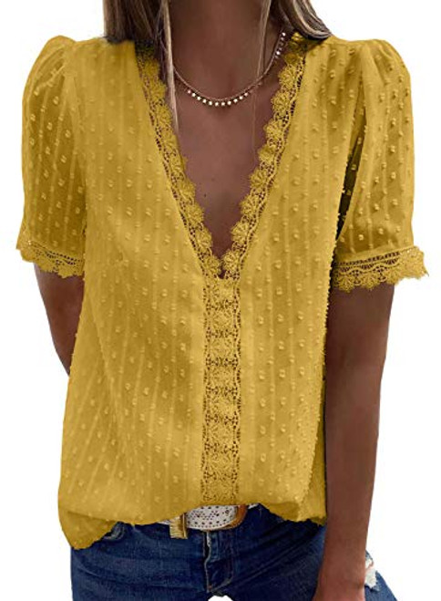 Astylish Womens Chiffon Blouse Swiss Dot Casual Short Sleeve V Neck Pom Pom Shirts Tops Yellow Medium