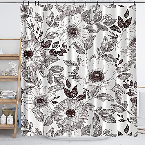 Homewelle Sketch Floral Shower Curtain 72Wx72H Black and White Blossom Flower Plants Vintage Leaves Botanical Bouquets Spring Waterproof 12 Pack Hooks Polyester Fabric Bathroom Bathtub Homewelle Sketch Floral Shower Curtain 72Wx72H Black and White Blossom Flower Plants Vintage Leaves Botanical Bouquets Spring Waterproof 12 Pack Hooks Polyester Fabric Bathroom Bathtub