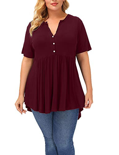 Allegrace Plus Size Summer Tops Women Short Sleeve Button Up Flowy Tunic Tops Wine Red 2X