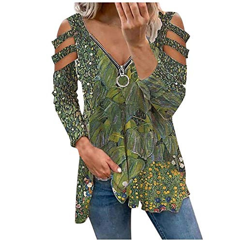 YUNDAN Womens Short Sleeve Casual T Shirts Printed Zipper V-Neck Tops Cold Shoulder Loose Summer Tunic Pleated Hem Blouse