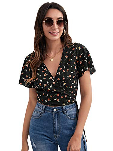 Floerns Women's Floral Tie Side V Neck Short Sleeve Wrap Crop Top Blouse Black L