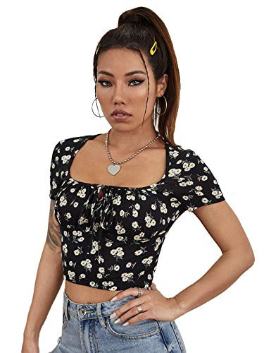 Romwe Women's Floral Print Cap Sleeve Ruched Bust Square Neck Crop Tops Blouse Black S