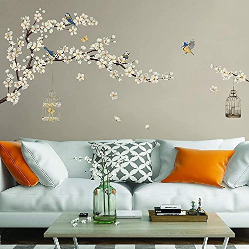 HENDUO Cherry Blossom Wall Stickers White Flower Tree Branch Birds Wall Decals Bedroom Living Room TV Wall Art Home Decor