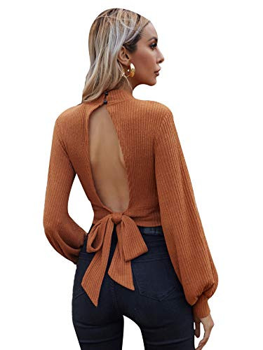 Romwe Women's Backless Long Sleeve Tie Back Cutout Mock Neck Party Crop Blouse Tops Ginger S