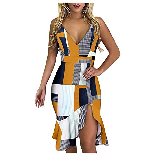 Kaideny Women Sexy Deep V-Neck Spaghetti Strap Mini Dress Nightclub Party Dress Casual Midi Bodycon Dress Yellow