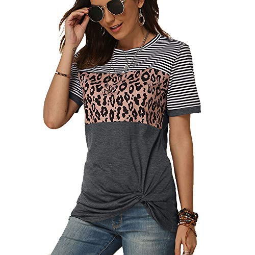 NOVMAY Women's Casual T-Shirts Crewneck Short Sleeve Summer Top Tunics Twist Knit Blouse Leopard Print Stripe -Grey- Large- NOVMAY Women's Casual T-Shirts Crewneck Short Sleeve Summer Top Tunics Twist Knit Blouse Leopard Print Stripe -Grey- Large-