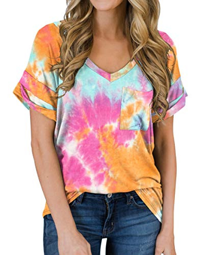 PrinStory Women's Casual Tops Short Sleeve V-Neck Shirts Leopard Print Loose Blouse Basic Tee T-Shirt Printed Flower Multicolor Orange US Small