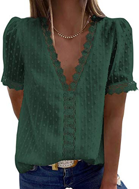 BLENCOT Womens Summer Boho Lace Crochet V Neck Blouse Casual Short Sleeve Tunic Shirts Hollow Out Tops for Juniors Green XX-Large BLENCOT Womens Summer Boho Lace Crochet V Neck Blouse Casual Short Sleeve Tunic Shirts Hollow Out Tops for Juniors Green XX-Large