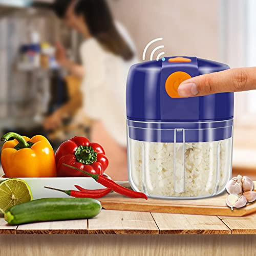 Mini Garlic Chopper Electric Vegetable Chopper-250ml Food Processor Wireless Slicer Mincer Masher Blender for Meat/Garlic/Chili/Vegetables/Onions/Nuts/Pepper/Ginger/Salad -Blue-