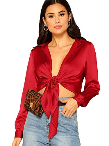 SheIn Women's Long Sleeve Self Tie Knot Front Satin Crop Top Blouse Shirt Red X-Large