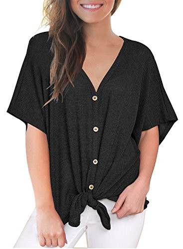 MIHOLL Womens Loose Blouse Short Sleeve V Neck Button Down T Shirts Tie Front Knot Casual Tops -X-Large- Black-