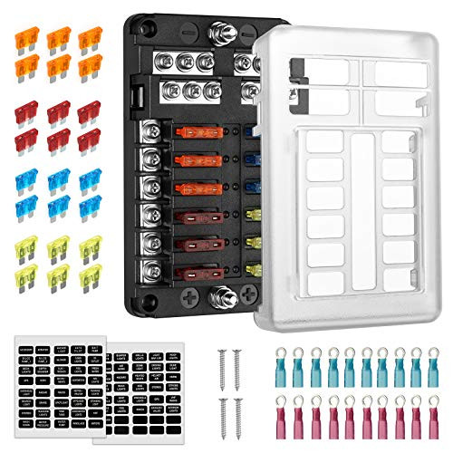 Linkstyle 12 Way Fuse Box with Terminals- Blade Fuse Block with LED Indicator- 12 Circuits Fuse Box Holder with Negative Bus for 10V 12V 32V Automotive Car Boat Marine SUV Motor Homes Yacht