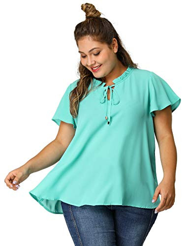Agnes Orinda Women's Plus Size Blouses Ruffle Sleeve Self Tie Neck Chiffon Blouse Mothers Day 2X Green