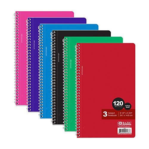 BAZIC College Ruled 120 Sheets 9.5inch X 5.75inch 3-Subject Spiral Notebook- Writing Journal Dairy Assignment with Lined Notebooks- for Office Class Students- 6-Pack