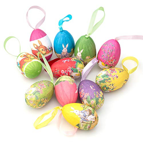 12Pcs Easter Eggs Hanging Tree Ornaments with Cartoon Rabbit Painting for Easter Decorations