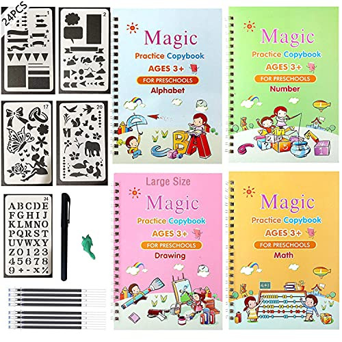 4pcs Magic Practice Copybook for Kids - Large Size with 24pcs Journal Stencils - The Print Handwriting Workbook-Reusable Writing Practice Book
