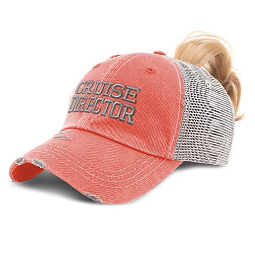 Speedy Pros Womens Ponytail Cap Cruise Director Embroidery Cotton Distressed Trucker Hats Strap Closure Coral Design Only