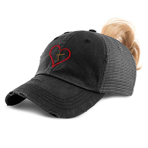 Womens Ponytail Cap Christian Cross Inside Heart Embroidery Cotton Messy Bun Distressed Trucker Hats Strap Closure Black Design Only
