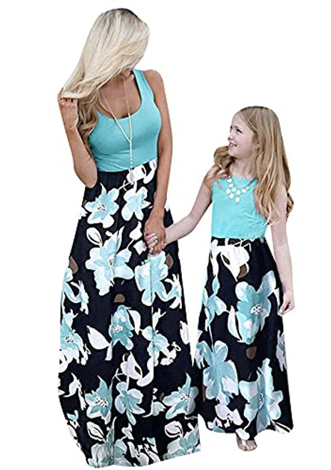 OMZIN Mommy and Me Matching High Waist Dress Casual Long Dress Tank Dress Green Flower M OMZIN Mommy and Me Matching High Waist Dress Casual Long Dress Tank Dress Green Flower M
