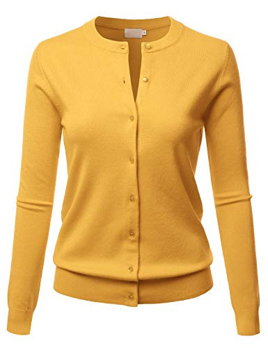 LALABEE Women's Crew Neck Gem Button Long Sleeve Soft Knit Cardigan Sweater Yellow_B XL