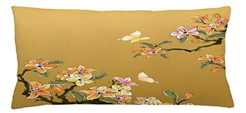 Lunarable Ethnic Throw Pillow Cushion Cover- Chinese Ink Butterfly Plum Motif Heritage Oriental Eastern Ill?stration- Decorative Rectangle Accent Pillow Case- 36inch X 16inch- Pastel Yellow