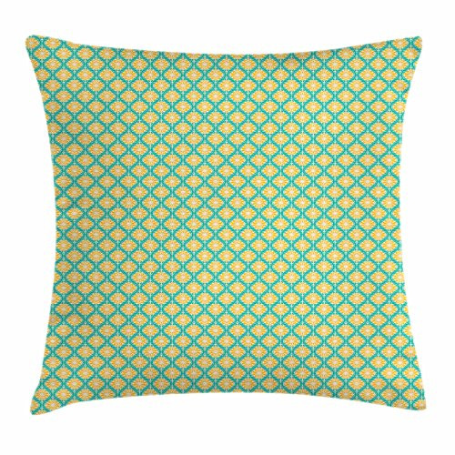 Ambesonne Retro Throw Pillow Cushion Cover- Pattern of Repeating Floral Tiles Old Fashioned Nature Inspired Motifs- Decorative Square Accent Pillow Case- 18inch X 18inch- Green Yellow