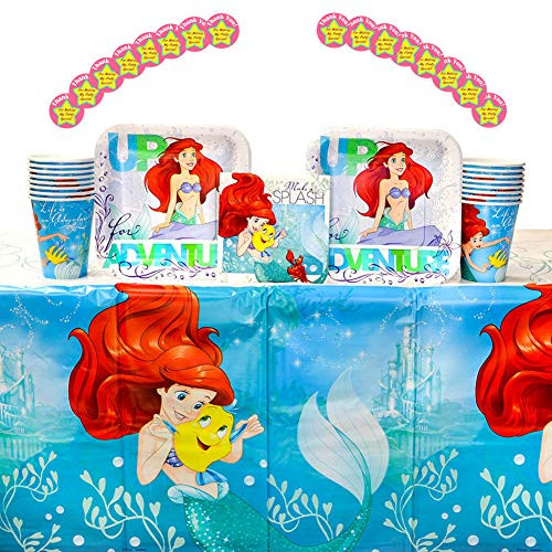 The Little Mermaid Ariel Dream Big Party Supplies Pack for 16 Guests: Stickers, Dessert Plates, Beverage Napkins, Cups, and Table Cover