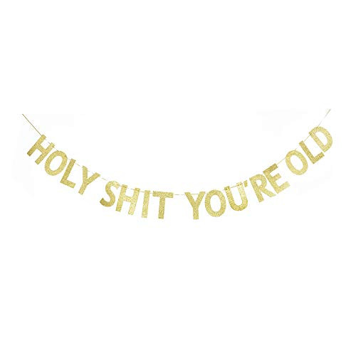 Holy Shit You're Old Banner, Fun Birthday Party Sign for 30th-40th-50th-60th Gold Gliter Paper