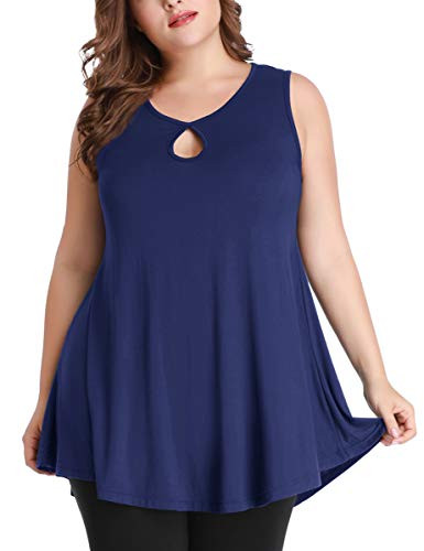MONNURO Women's Plus Size Sleeveless Keyhole Summer Sexy Shirts Casual Loose Flowy Swing Tunic Tank Tops-Navy Blue-2X-